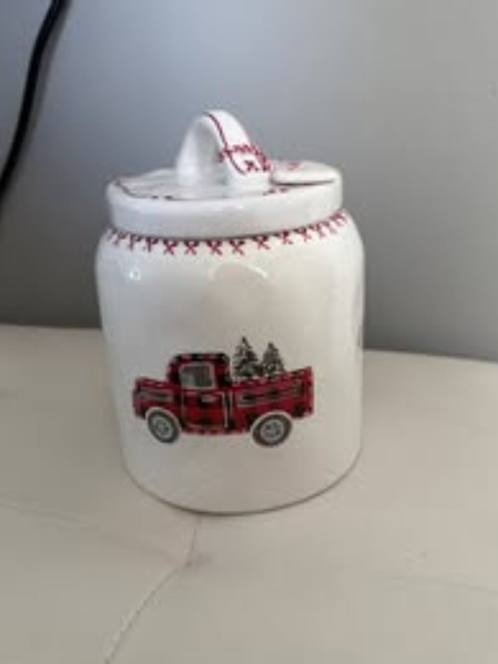 10 Strawberry Street Christmas Truck Cookie Canister HAS SMALL CHIP